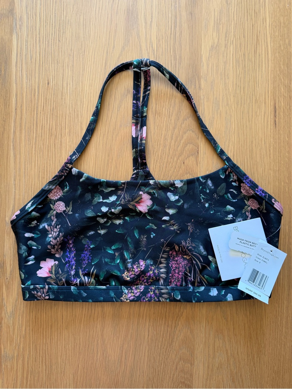 NWT Beyond Yoga Racerback Floral Sports Bra Black Size S Recycled New Ret $60